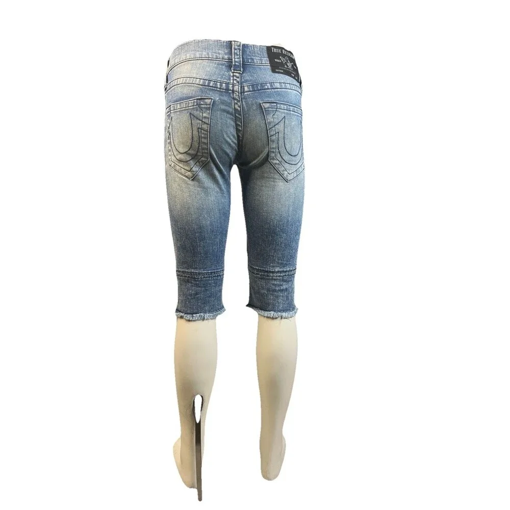 True Religion Geno Moto Shorts Men's 27 Blue Denim Chevron Stitch Raw Hem Biker